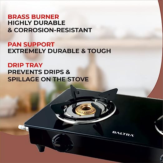 Baltra Glimmer Glass Top Gas Stove 2 Brass Burner Manual Ignition, Black (ISI Certified 2 year warranty with Doorstep Service) Baltra Glimmer Glass Top Gas Stove 2 Brass Burner Manual Ignition, Black (ISI Certified 2 year warranty with Doorstep Service)